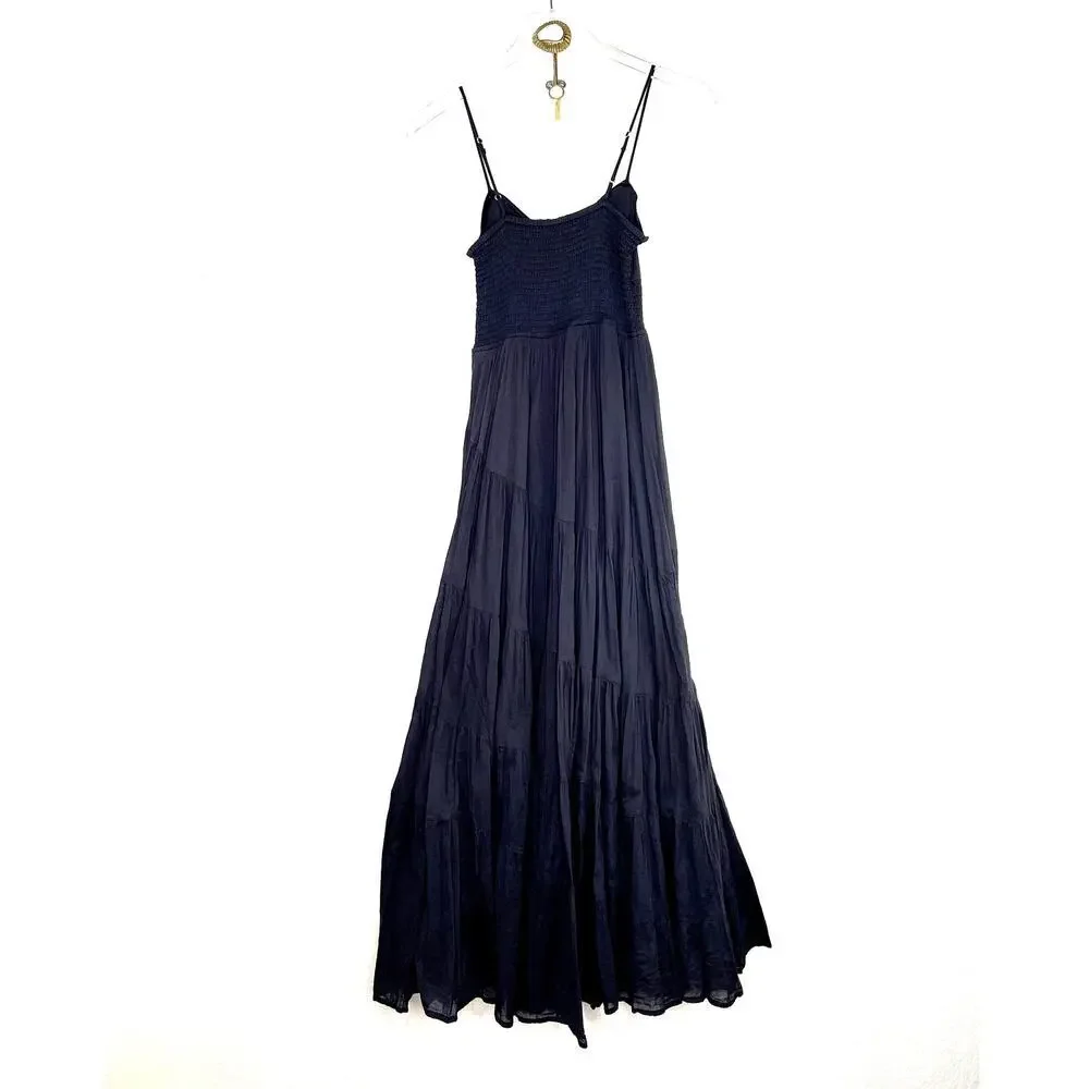 Free People Sundrenched Solid Maxi Dress Tiered Sleeveless Black Smocked  XS